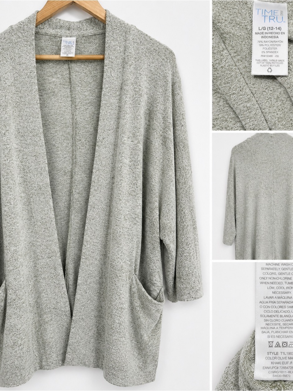 Time and Tru Light Gray Open-Front Knit Cardigan with Pockets